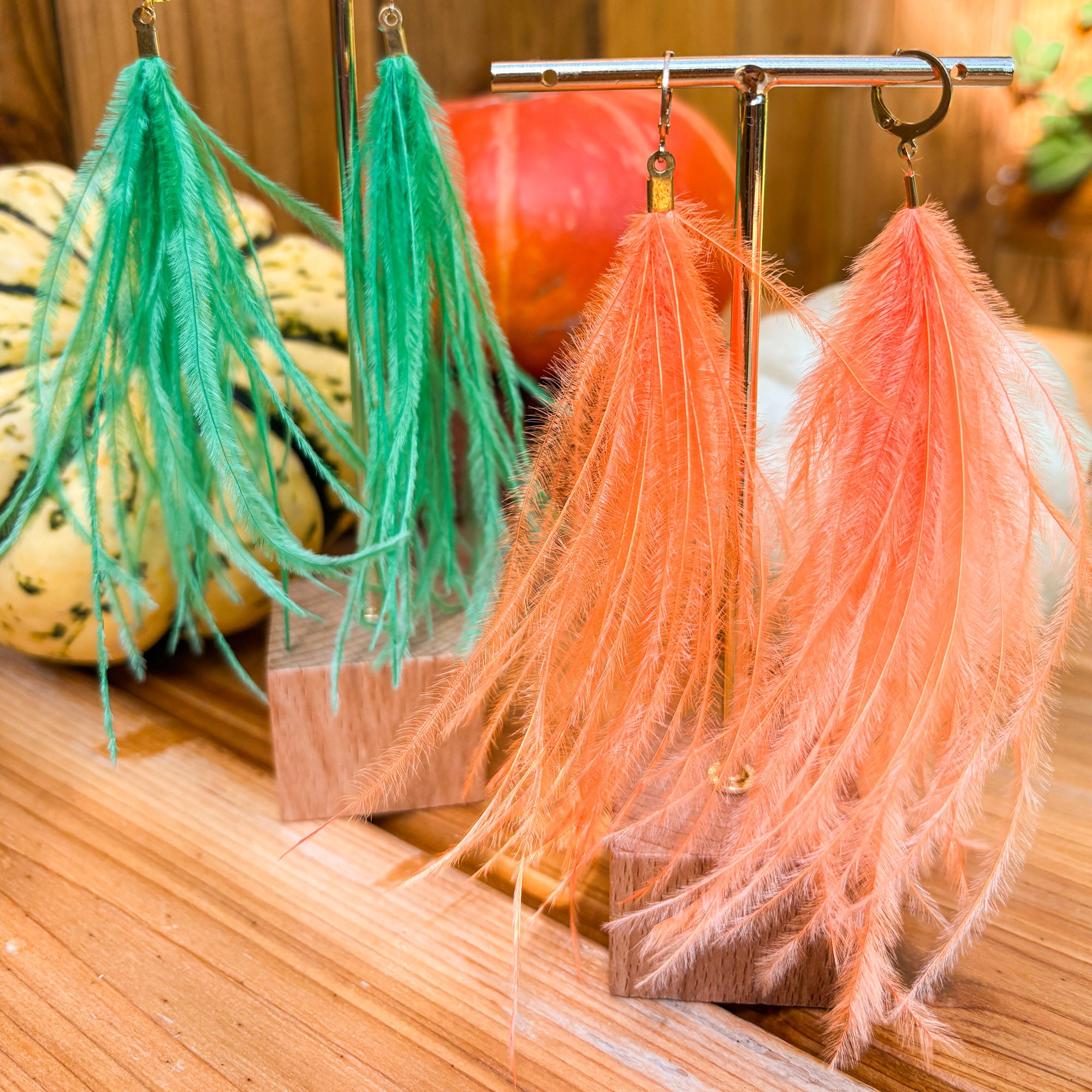 Halloween Duo — Tangerine & Green Feather Tassels